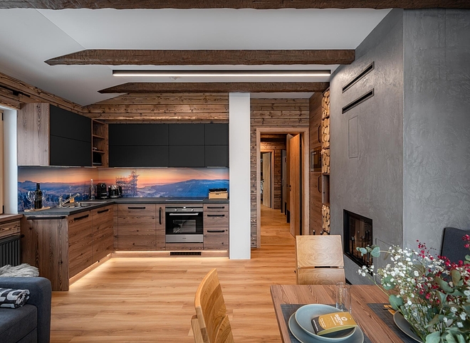 Dolní Morava - Interiéry a kuchyně na míru pro 10 apartmánů a wellness zónu